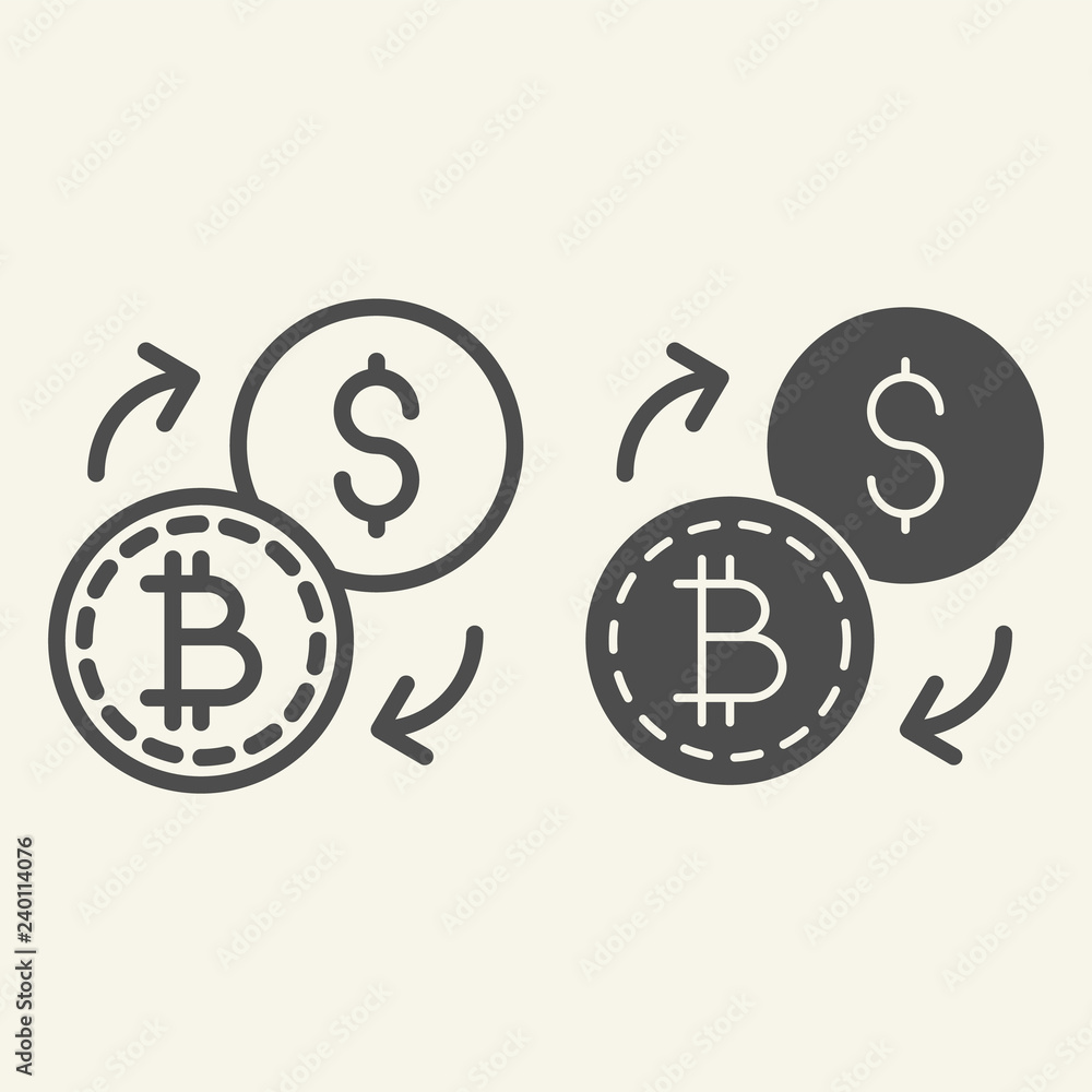 Poster Bitcoin to dollar exchange line and glyph icon. Cryptocurrency exchange vector illustration isolated on white. Cryptocoin and dollar with arrows outline style design, designed for web and app. Eps 10.