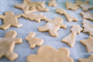 Fototapeta na wymiar Baking cookies for Christmas. Cookies on baking sheet. Selective focus.