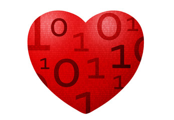 Red hearth on white with binary digital concept, future tech