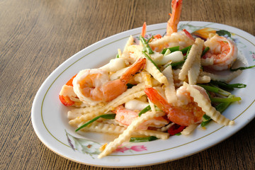Stir fried coconut with shrimp.
