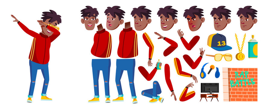 Rap Battle Singer Boy Kid Vector. Schoolboy. Black. Afro American. Animation Child Creation Set. Face Emotions, Gestures. For Presentation, Invitation Design. Animated. Isolated Cartoon Illustration