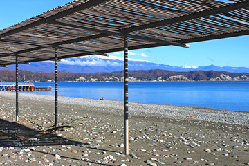 View of the beach, sea and mountains in autumn, Pitsunda, Abkhazia
