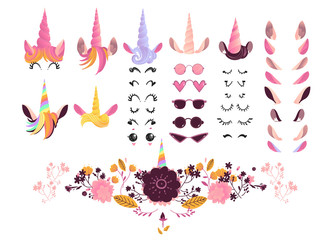Unicorn face creation kit vector illustration - isolated cute cartoon elements of eyes and eyelashes, eyeglasses and ears, horns with hair and flowers for creation of funny magic fairy animal. © sabelskaya