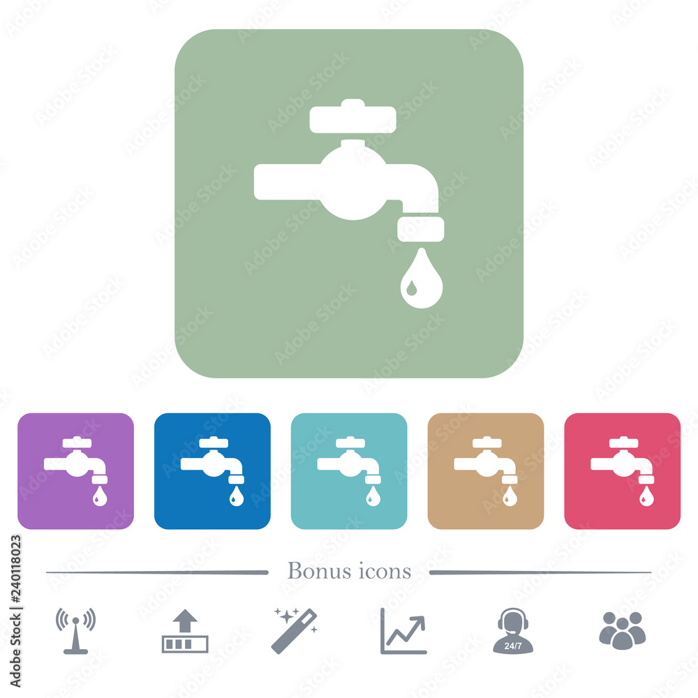 Aufkleber water faucet with water drop flat icons on color rounded square backgrounds