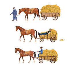 Horse-drawn cart with hay