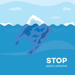Stop plastic pollution banner with polyethylene disposable bag floating in blue sea or ocean water in flat style - vector illustration of ecological problem and environmental contamination.