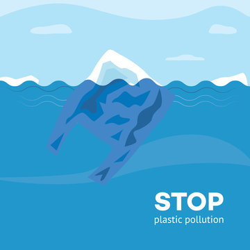 Stop plastic pollution banner with polyethylene disposable bag floating in blue sea or ocean water in flat style - vector illustration of ecological problem and environmental contamination.
