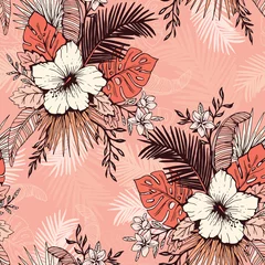 Foto op Canvas Living Coral Tropical Exotic Foliage and Hibiscus Floral Vector Seamless Pattern. Ink line Drawing Background. © Anna Putina