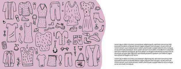 Naklejka premium Woman clothes and accessories set in doodle style.