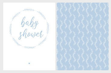 Cute Baby Shower Vector Card and Floral Pattern. Simple Blue Floral Wreath with Little Heart Below and Baby Shower Text Inside. White and Blue Backgrounds. White Floral Ornament on Blue.