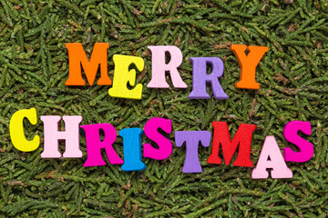 Merry Christmas greeting text on fir / spruce / christmas tree background. Christmas background