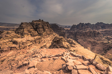 Petra - October 01, 2018: Landscape around the monastery of the ancient city of Petra, Wonder of the World, Jordan