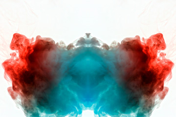 Soaring translucent smoke, intertwined in the image of the head, red, orange and blue, with black lines, curling and sinking into mystical shapes and silhouettes on a white background.