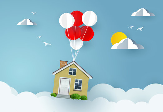 house hanging with balloon on sky. Paper art