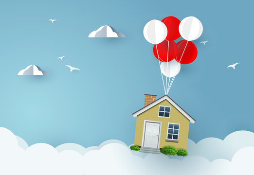  house hanging with balloon on sky. Paper art