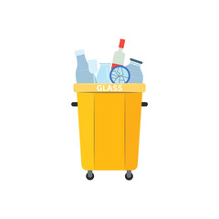 Fototapeta na wymiar Recycle trash bin for used and thrown glass materials in flat style isolated on white background. Vector illustration of full yellow container for separated and sorted rubbish.