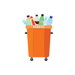Vector illustration of recycle trash bin for plastic type of garbage in flat style isolated on white background - orange waste container full of used disposable tableware and plastic bottles.