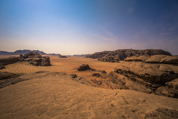 Fototapeta na wymiar Wadi Rum - October 02, 2018: Panoramic view of the landscape of the Wadi Rum desert, Jordan