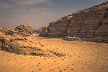 Wadi Rum - October 02, 2018: Panoramic view of the landscape of the Wadi Rum desert, Jordan