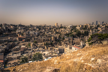 Naklejka premium Amman - October 05, 2018: View of central Amman from the Citadel viewpoint, Jordan