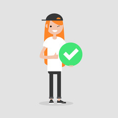 Young female character holding a green accepted sign. Flat cartoon illustration