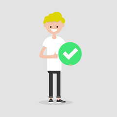 Young male character holding a green accepted sign. Flat cartoon illustration