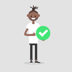 Young male character holding a green accepted sign. Flat cartoon illustration