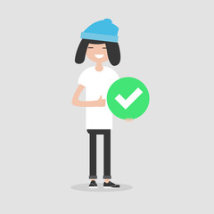 Young female character holding a green accepted sign. Flat cartoon illustration