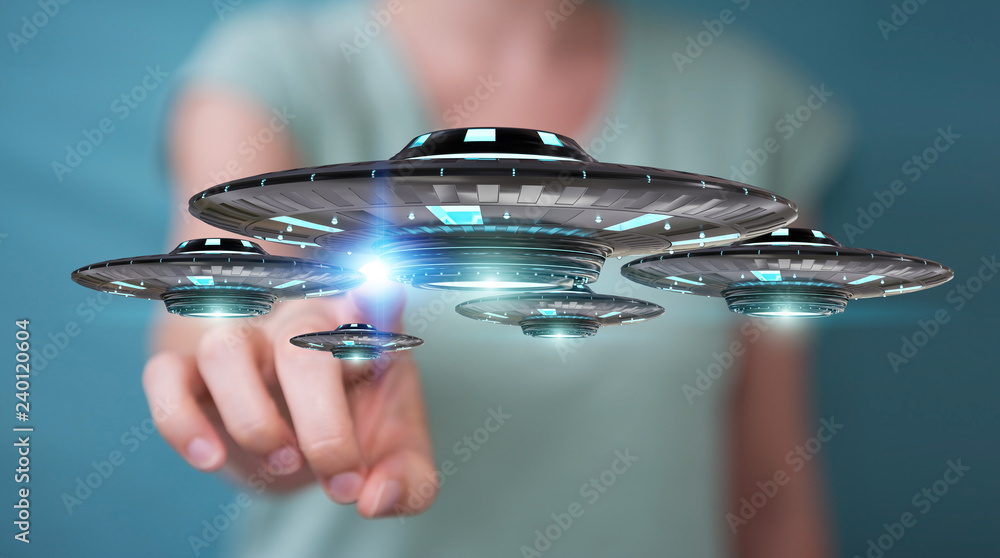 Poster businesswoman with retro ufo spaceship 3d rendering