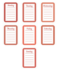 The sheets of the planner for weekly planning in sweet little white polka dots with the names of the days of the week in trendy coral color on the white background. Diary.Vector illustration