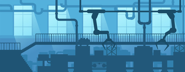 Industrial interior of factory, plant. Design scene silhouette industry enterprise. Vector illustration