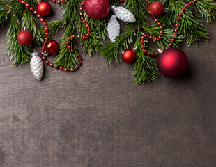 Christmas and new year's background with Christmas brunch and Christmas toys at wood background