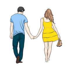 Boy and girl are walking hand in hand. Love Story.