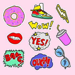 Fashion patch badges with, sunglasses, donuts, lips, cup, sneakers shoe, flash. Vector illustration isolated on pink background. Set of stickers, pins, patches in cartoon 80s-90s comic style.