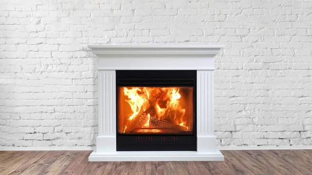 Fireplace in bright empty living room interior of house. Brick wall background
