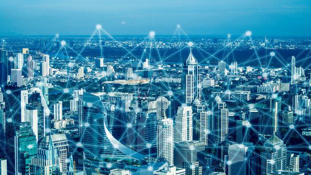 Smart city and network communication. And data transformation on public. - Powered by Adobe