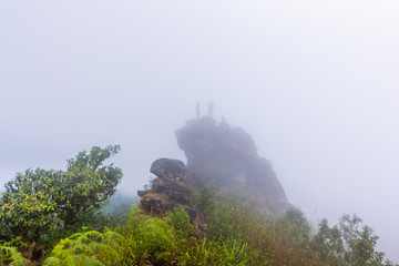 high cliff rock with heavy fog, cloud and mist in mon jong doi at Chaing mai, Thailand