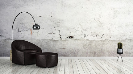 Schwarzer Sessel mit Fußablage vor heller Wand