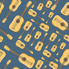 Ukulele seamless pattern. Vector illustration of ukulele guitar isolated on jeans blue background.