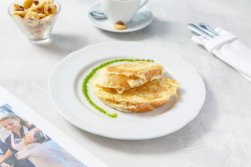 Croutons, fried bread for breakfast on the table