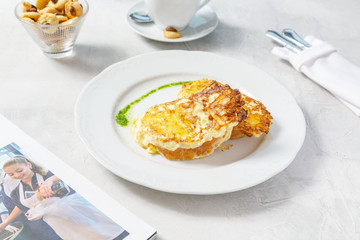 Croutons, fried bread for breakfast on the table