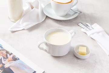 Semolina porridge for breakfast on the table