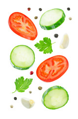 Flying Cucumber slices with tomato slices