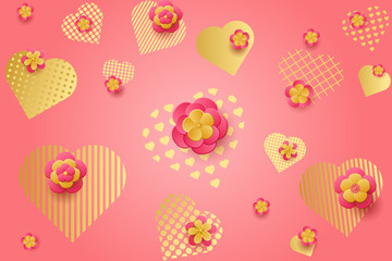 Valentine's Day background. Golden paper hearts and pink flowers