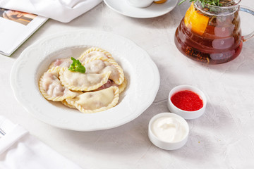 Dumplings, ravioli for lunch on the table
