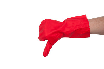 Red glove for cleaning on womans arm show thumbs down. The concept of cleanliness.
