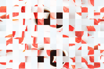 Fototapeta na wymiar Abstract white and red geometric pattern of red cup with coffee and leaves