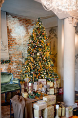 Christmas living room with a christmas tree and presents under it