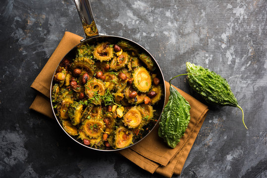 Delicious bitter melon curry, a healthy food from India. selective focus