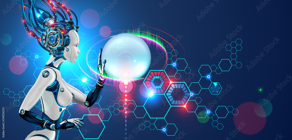 Leinwandbilder Robot work side view. Cyborg or android woman touches virtual graphics interface. Ai or artificial intelligence analyzes abstract information on hud. futuristic technology banner.